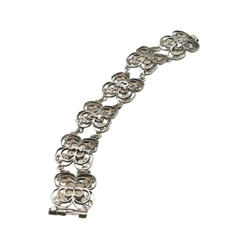 Vintage Filigree 925 Sterling Silver Bracelet Floral Design 6.5" Reads INDIA